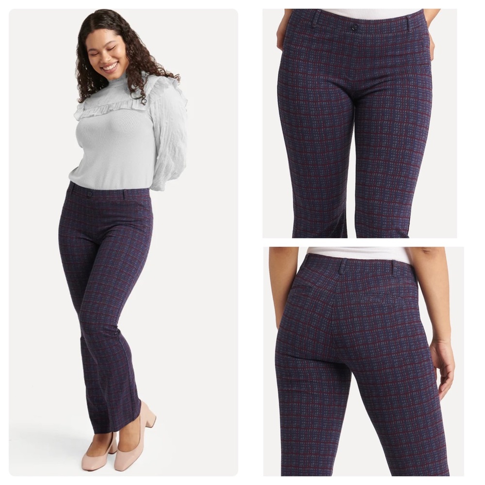 Betabrand Woman’s Straight Leg Two Pocket Yoga Dress Pants Blue Plaid SP